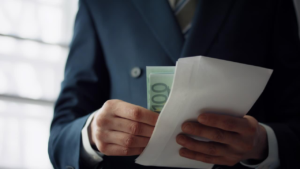 Hands placing money into a cash stuffing binder envelope.