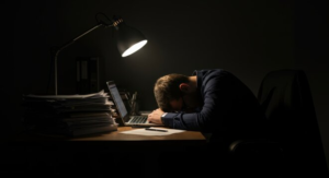 Exhausted man slumped over his desk late at night with a laptop and stack of papers, illustrating work burnout.”
