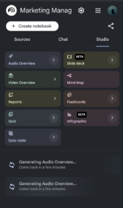 Google NotebookLM interface showing the Audio Overview and Study Studio features for a Marketing Management course