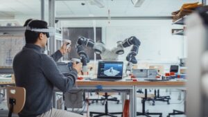 Student using VR and AI robotics in a futuristic 2026 classroom