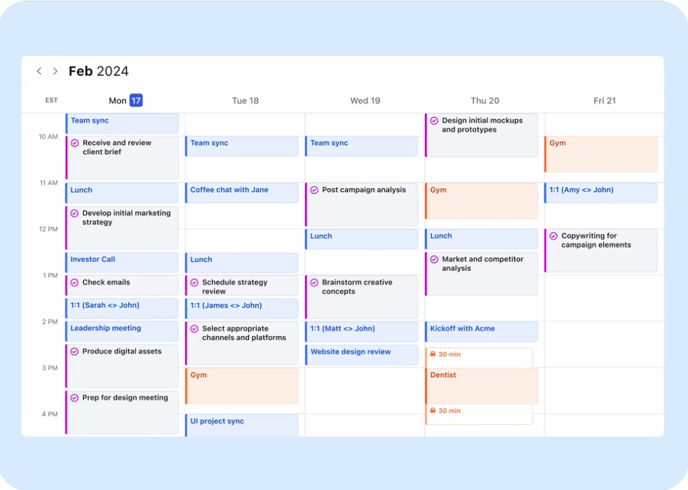 : "A visual representation of an AI scheduling assistant's calendar, showing automated blocks for deep work, meetings, and personal habits