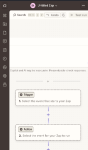 A visual logic flow in the Zapier editor showing the Trigger and Action steps of a no-code automation.”