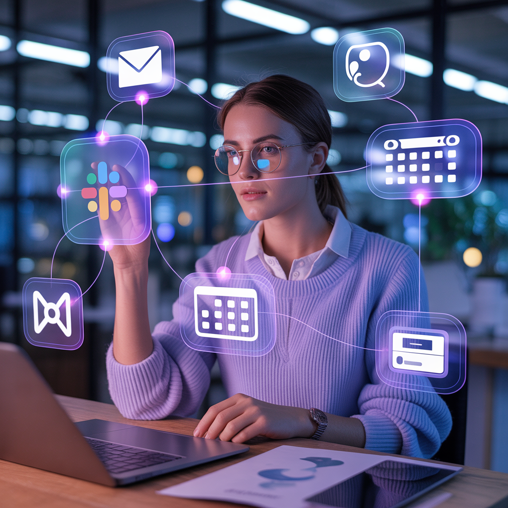 A professional woman using a futuristic AI interface to automate workflows between Slack, email, and her calendar."
