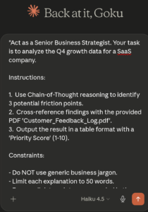 "A screenshot showing a professional AI mega-prompt with specific instructions, role-playing, and constraints.”