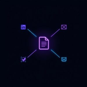  "A neon digital diagram showing how AI turns one core blog post into LinkedIn, X, and Newsletter content.”