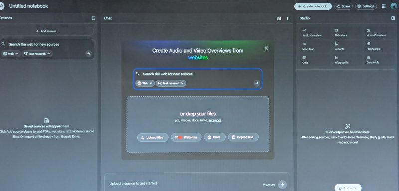Clean view of the Google NotebookLM interface for uploading sources and managing the Study Studio