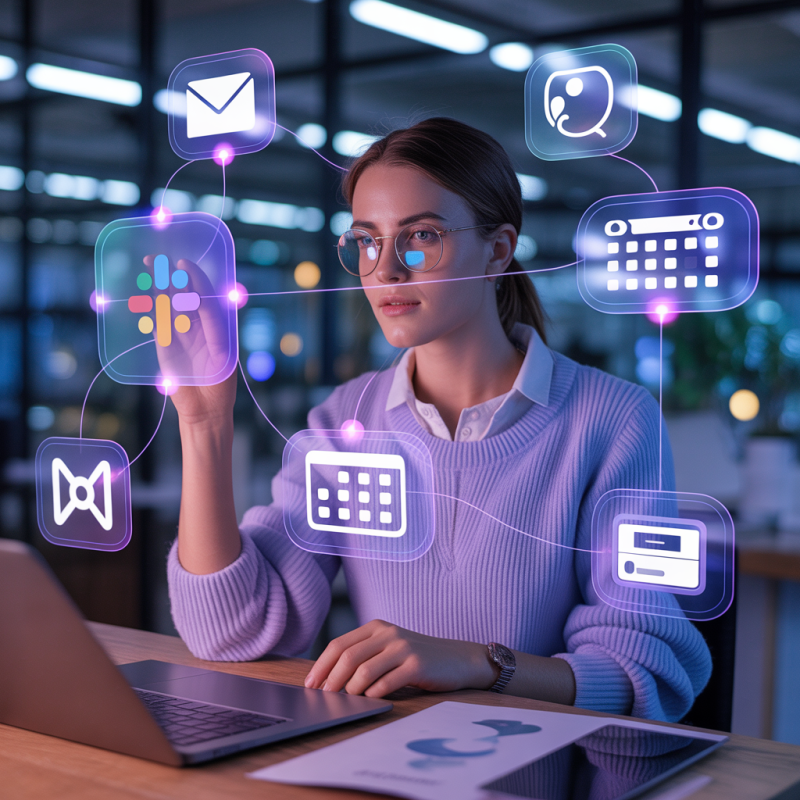 A professional woman using a futuristic AI interface to automate workflows between Slack, email, and her calendar."