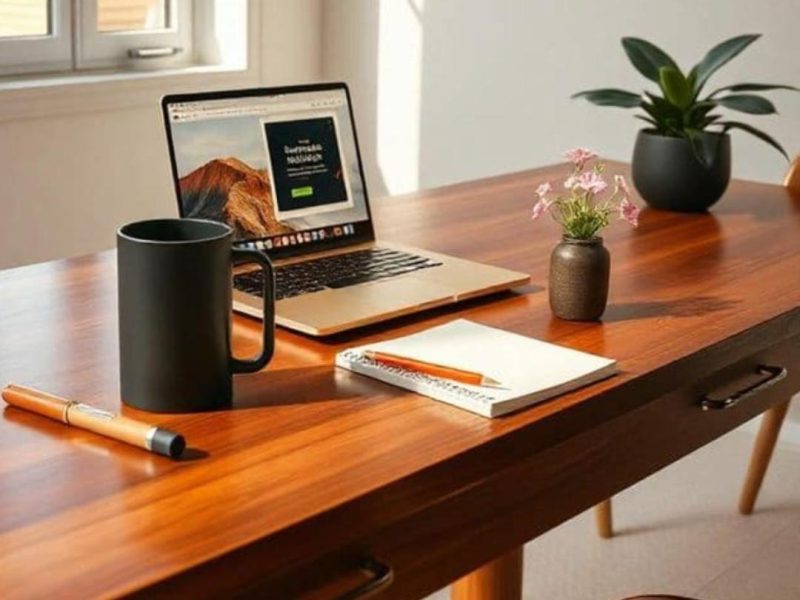 : "A minimalist wooden desk with a laptop and coffee representing a streamlined AI productivity workflow.”